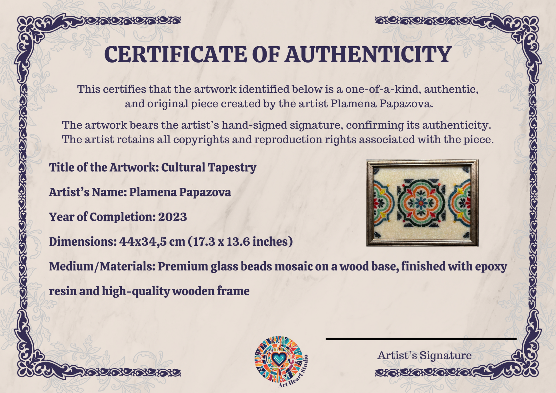 certificate of authenticity. High-end bead mosaic artwork framed in wood, crafted with intricate glass beads and epoxy resin. Inspired by Southwestern Native American designs, this original piece is perfect for collectors seeking elegant, museum-quality art for investment.