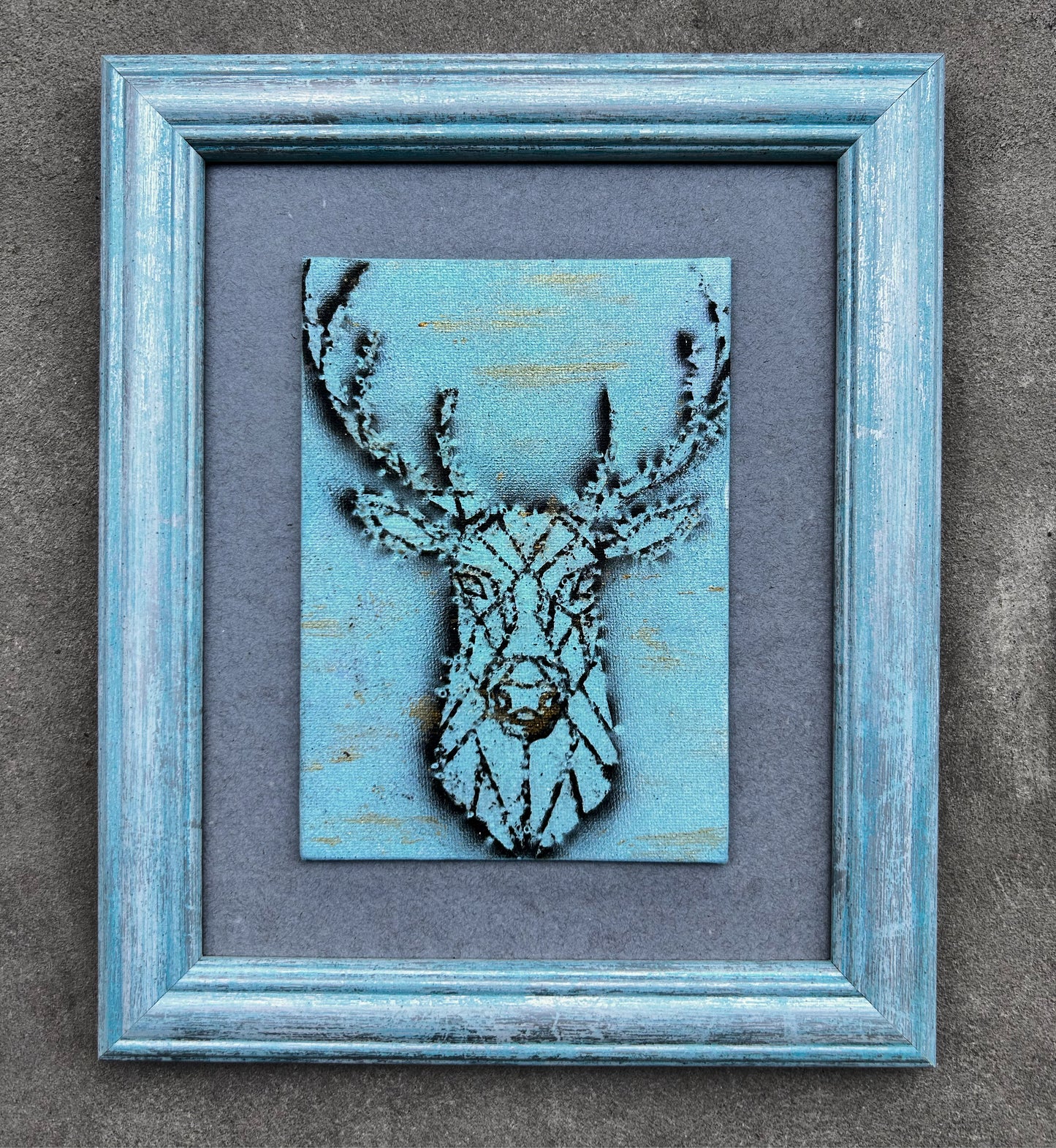 Minimalist Abstract Wall Decor, Original art, Deer Painting, Spirit of the Forest, Framed Artwork, Nature, New Age aesthetic, Stag, Gift for him, spiritual animal, geometric design, line art majesty and beauty, frame mat, black and blue, gold