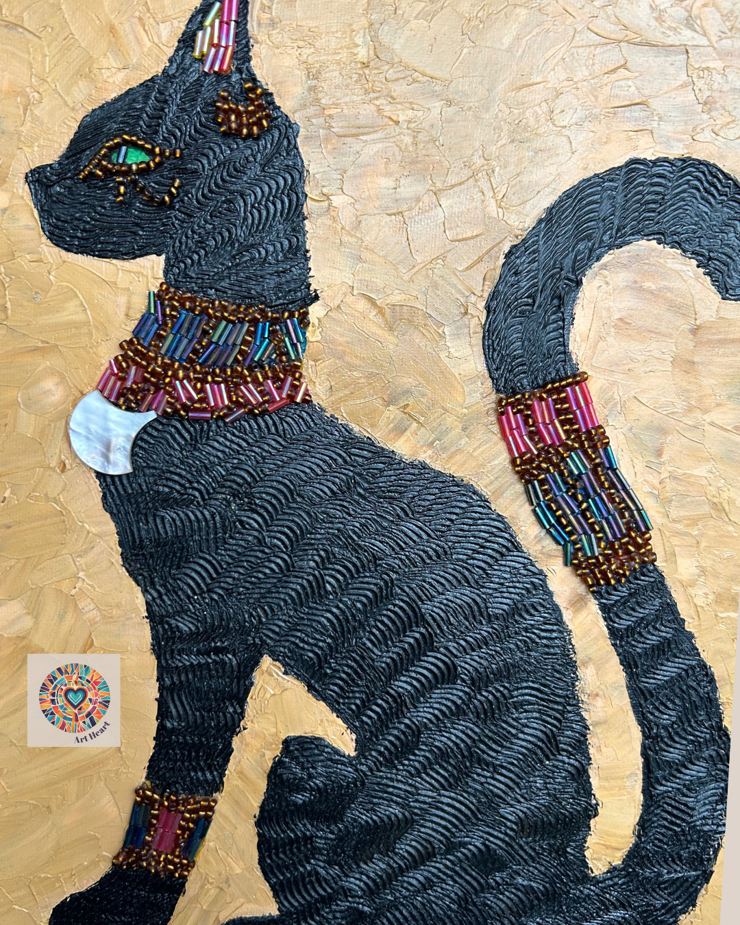 Egyptian Cat Oil Painting with Bead Mosaic Details, History, Original Art,  Home Decor, Ancient Egypt Wall Art, Framed Artwork, New Age aesthetic, Spiritual animal, beads, cat lovers, mystical eye, gallery canvas, green eyes, divine energy, modern