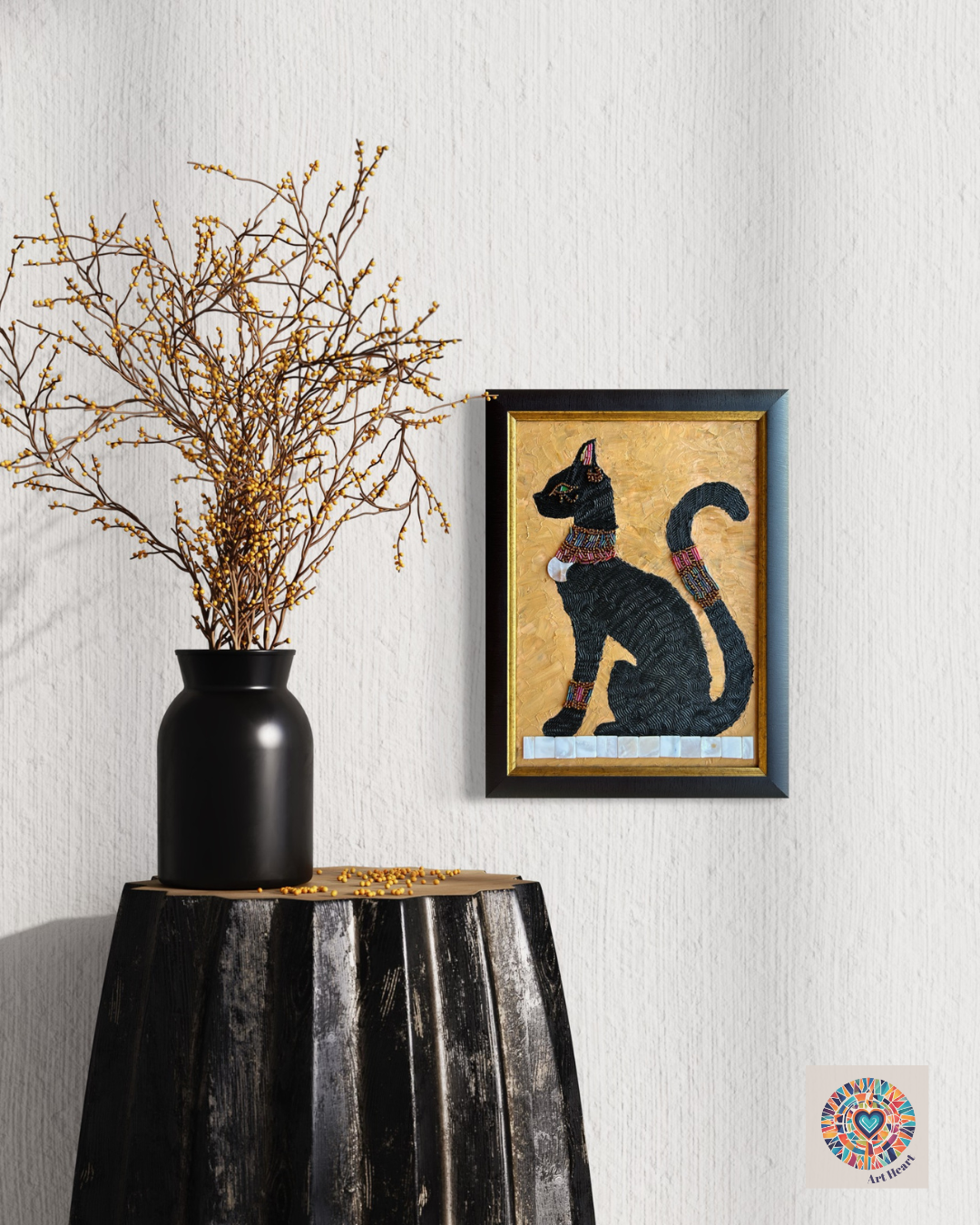 Egyptian Cat Oil Painting with Bead Mosaic Details, History, Original Art,  Home Decor, Ancient Egypt Wall Art, Framed Artwork, New Age aesthetic, Spiritual animal, beads, cat lovers, mystical eye, gallery canvas, green eyes, divine energy, modern