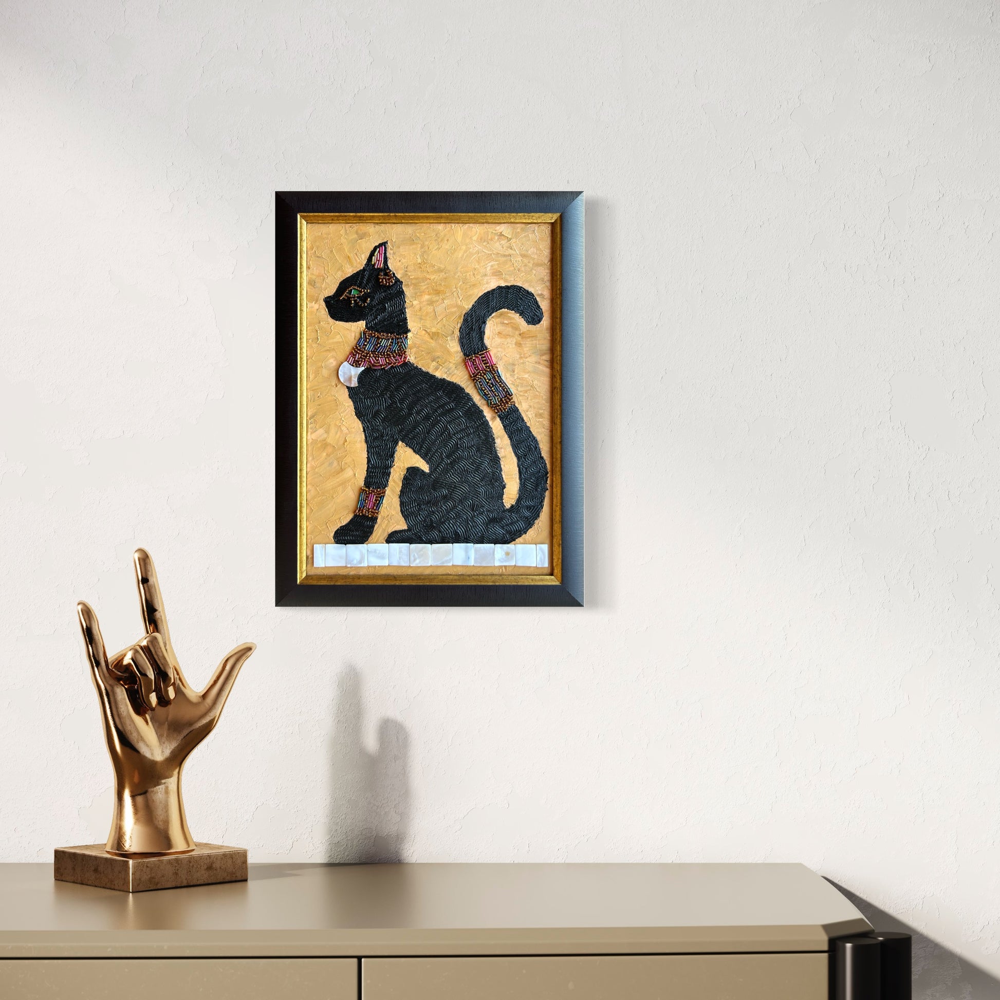 Egyptian Cat Oil Painting with Bead Mosaic Details, History, Original Art,  Home Decor, Ancient Egypt Wall Art, Framed Artwork, New Age aesthetic, Spiritual animal, beads, cat lovers, mystical eye, gallery canvas, green eyes, divine energy, modern