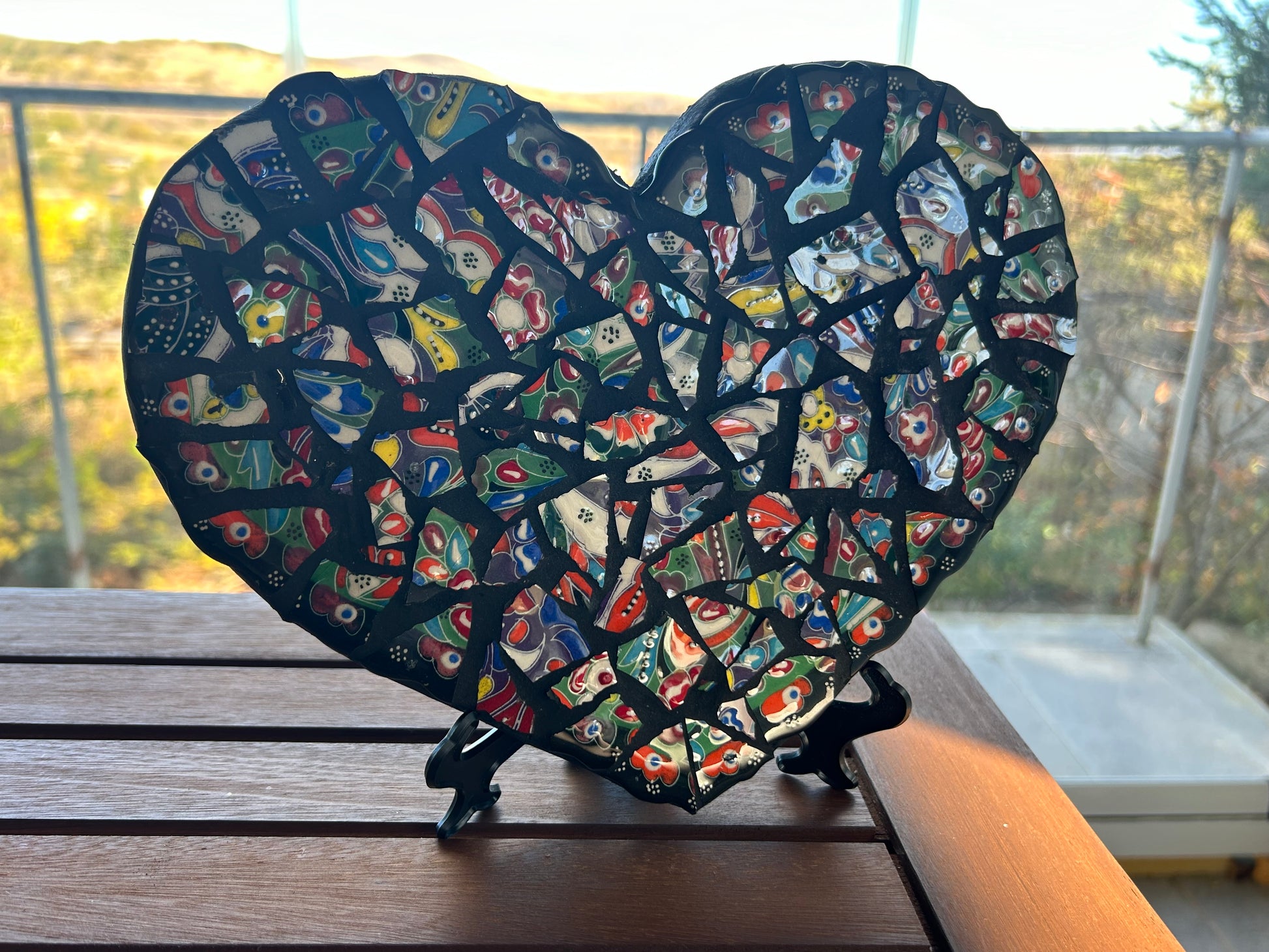 Handmade Heart Shaped Mosaic Art & Broken Heart, Colorful Plate Pieces, Unique Home Decor, Gift for Art Lovers, Plastic Easel Stand Included