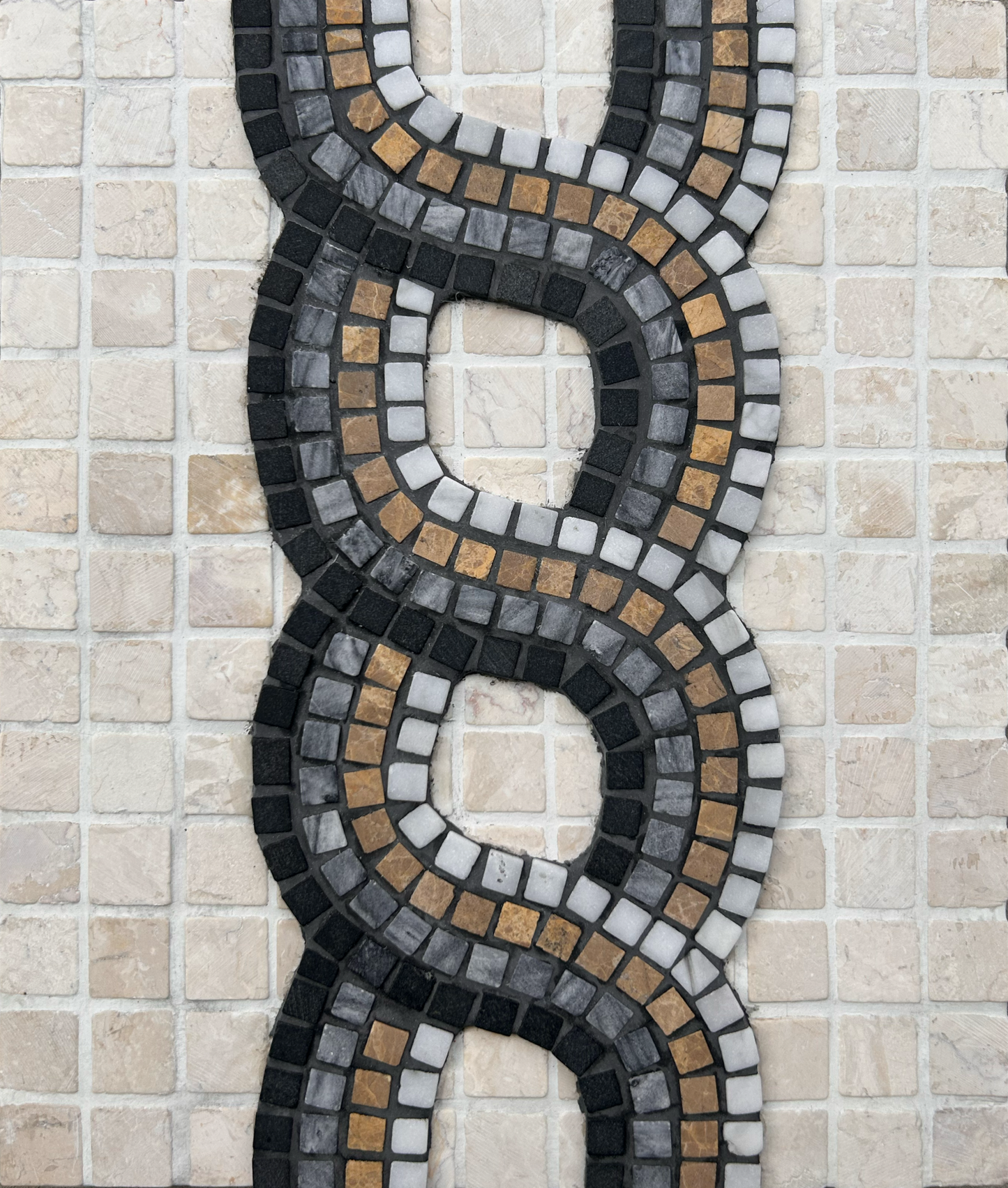 natural stone mosaic, continuous journey, unique wall art, earth tones, symbolic, endless, black and white, gold, brown, gray, outdoor art, timeless, classic, stylish, light and dark, new age aesthetics, modern artwork, wedding gift ideas, eternity