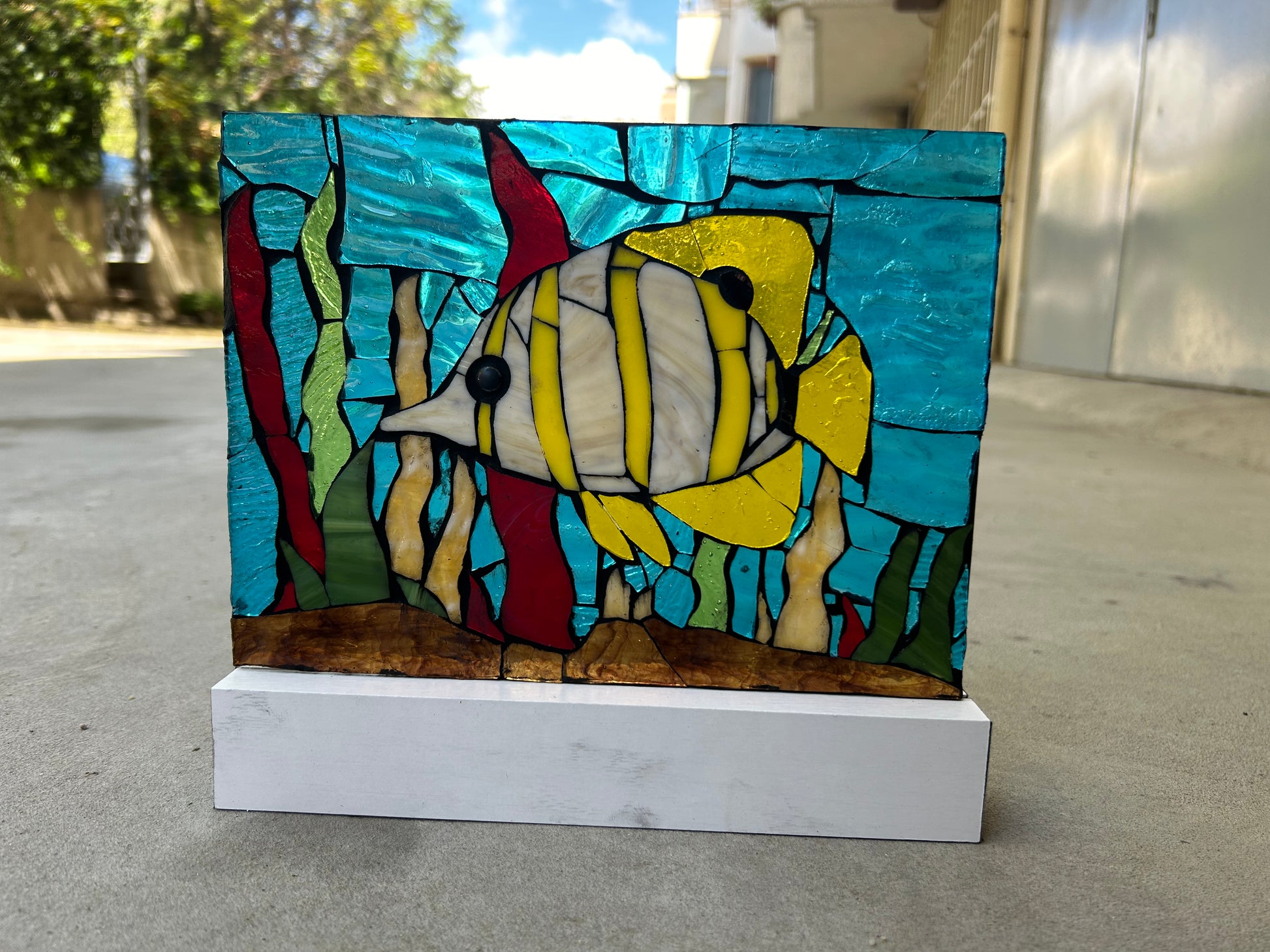 Handmade Glass on Glass Mosaic Art & Tropical Reefs - Ocean Fish with Corals, Vibrant Wall Decor, Unique Home Art, Wood Display Stand Included, tropical fish