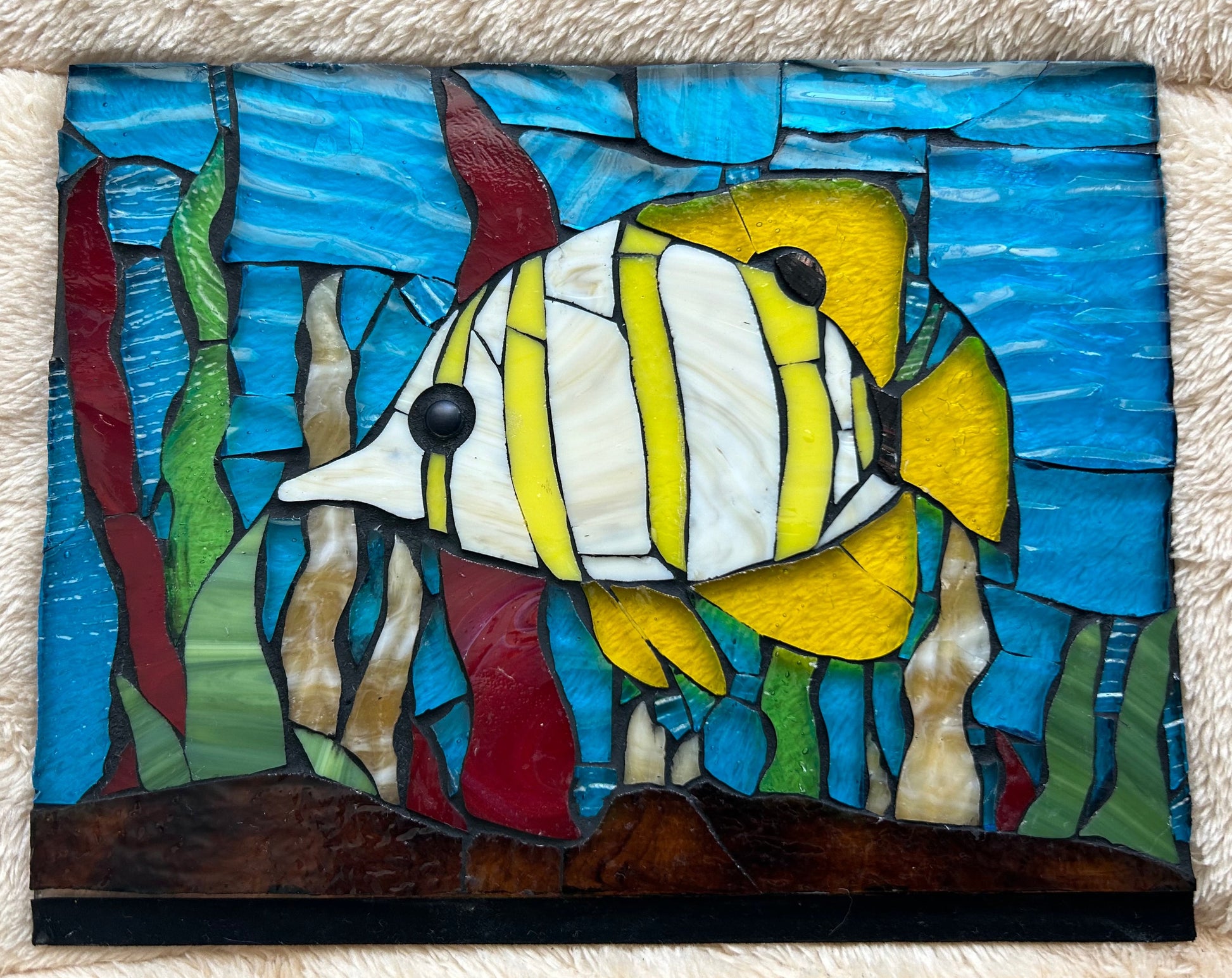 Handmade Glass on Glass Mosaic Art & Tropical Reefs - Ocean Fish with Corals, Vibrant Wall Decor, Unique Home Art, Wood Display Stand Included, tropical fish