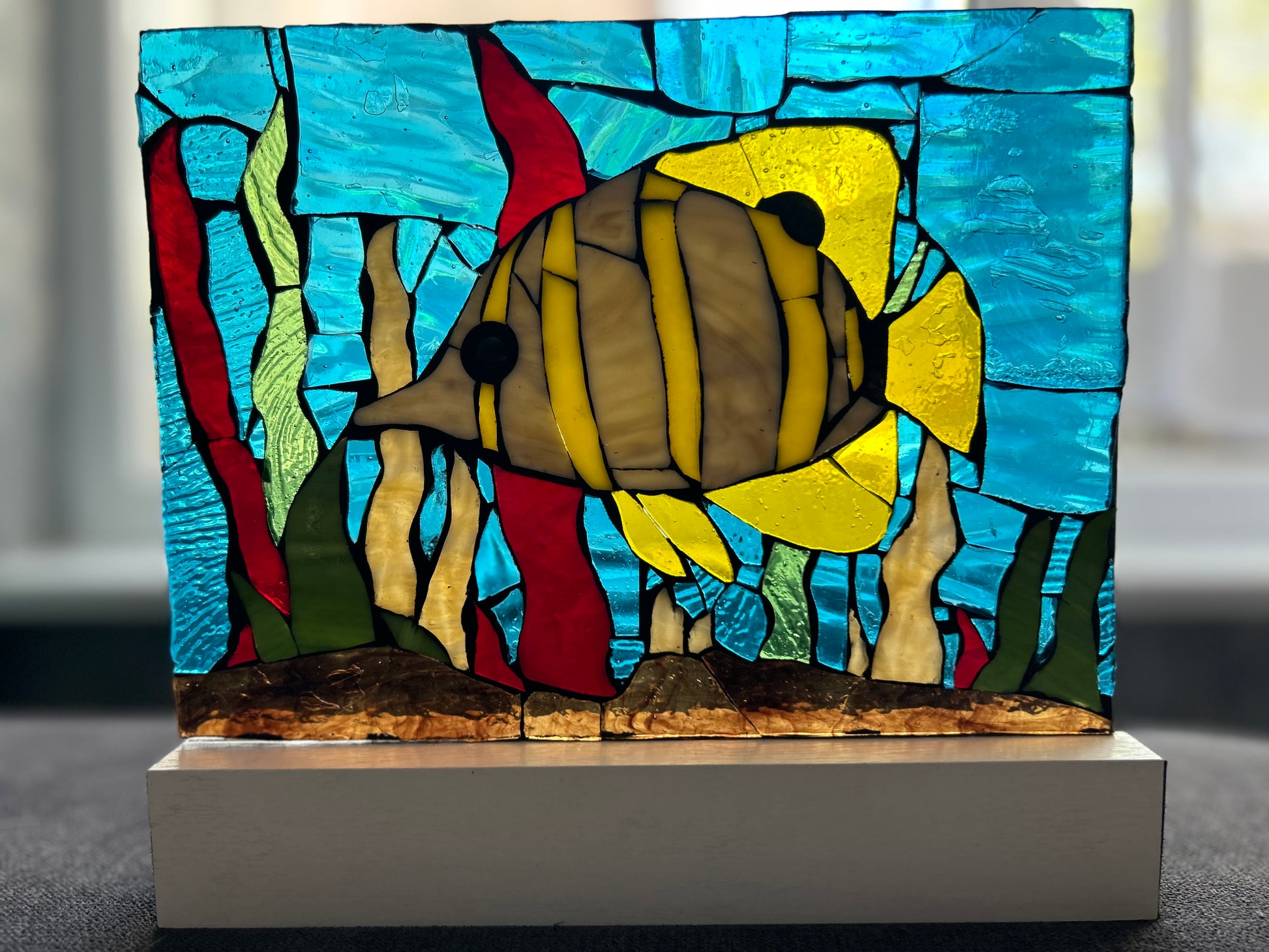 Handmade Glass on Glass Mosaic Art & Tropical Reefs - Ocean Fish with Corals, Vibrant Wall Decor, Unique Home Art, Wood Display Stand Included, tropical fish