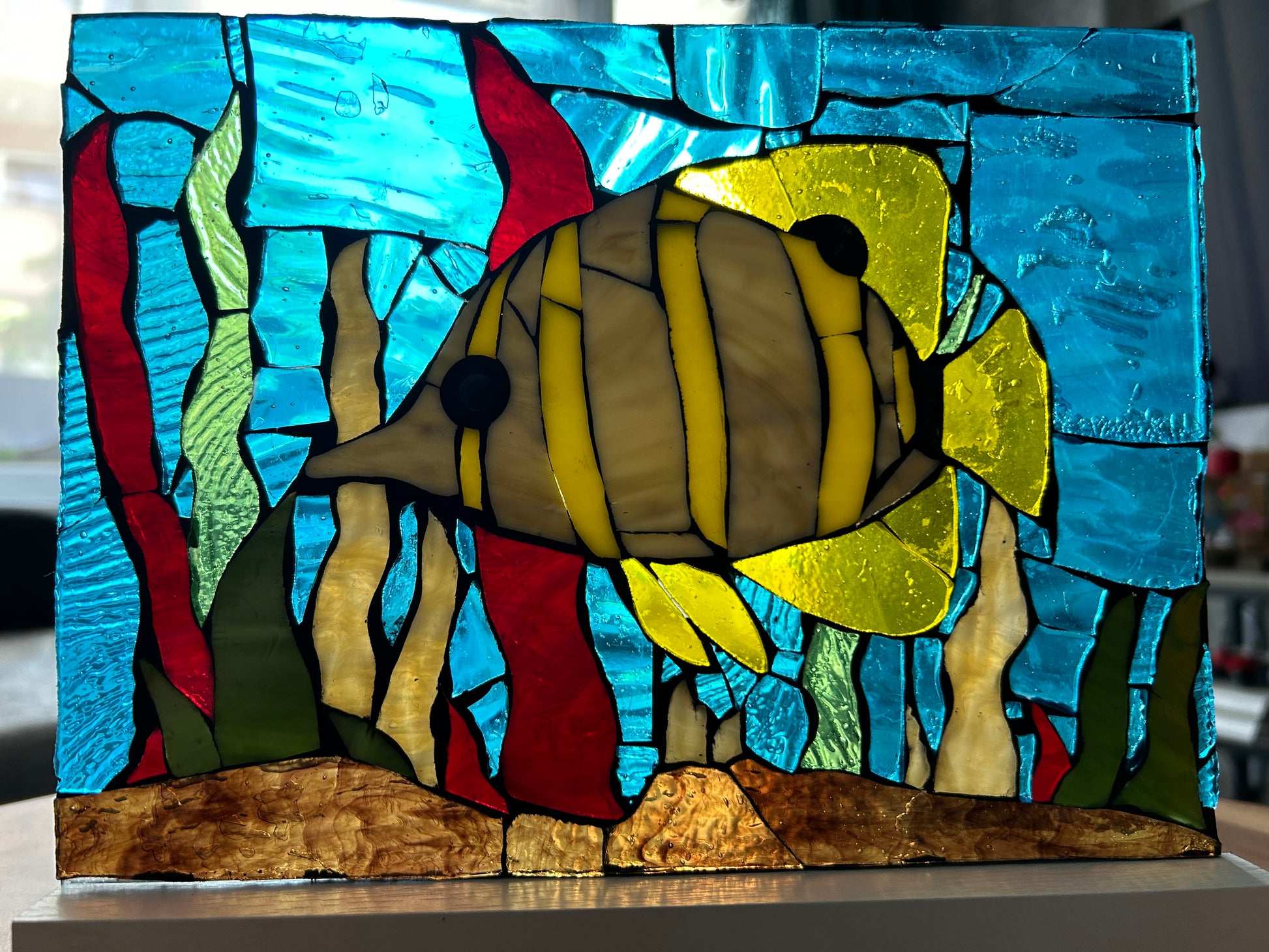 Handmade Glass on Glass Mosaic Art & Tropical Reefs - Ocean Fish with Corals, Vibrant Wall Decor, Unique Home Art, Wood Display Stand Included, tropical fish