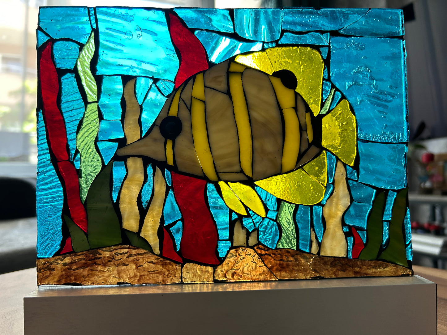 Handmade Glass on Glass Mosaic Art & Tropical Reefs - Ocean Fish with Corals, Vibrant Wall Decor, Unique Home Art, Wood Display Stand Included, tropical fish