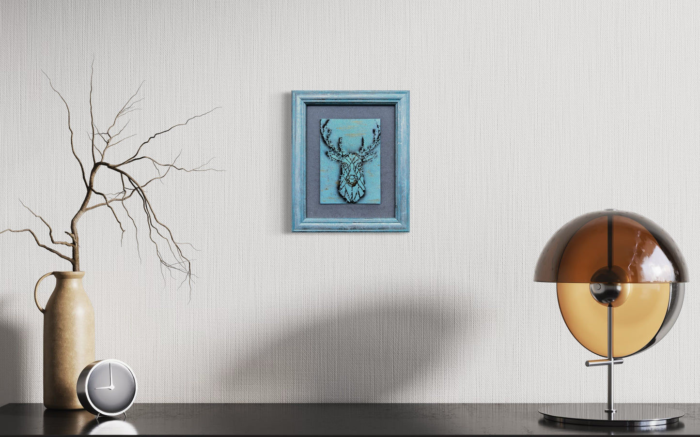 Minimalist Abstract Wall Decor, Original art, Deer Painting, Spirit of the Forest, Framed Artwork, Nature, New Age aesthetic, Stag, Gift for him, spiritual animal, geometric design, line art majesty and beauty, frame mat, black and blue, gold