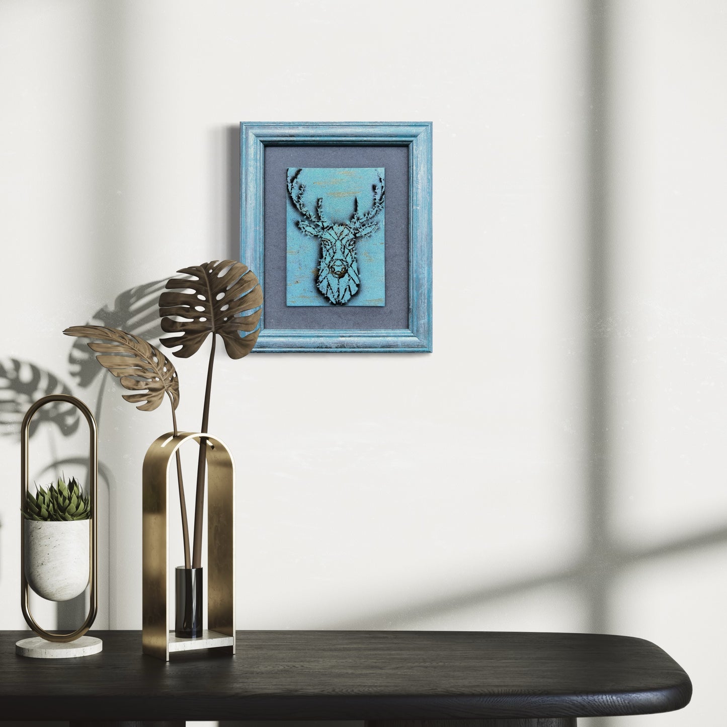 Minimalist Abstract Wall Decor, Original art, Deer Painting, Spirit of the Forest, Framed Artwork, Nature, New Age aesthetic, Stag, Gift for him, spiritual animal, geometric design, line art majesty and beauty, frame mat, black and blue, gold