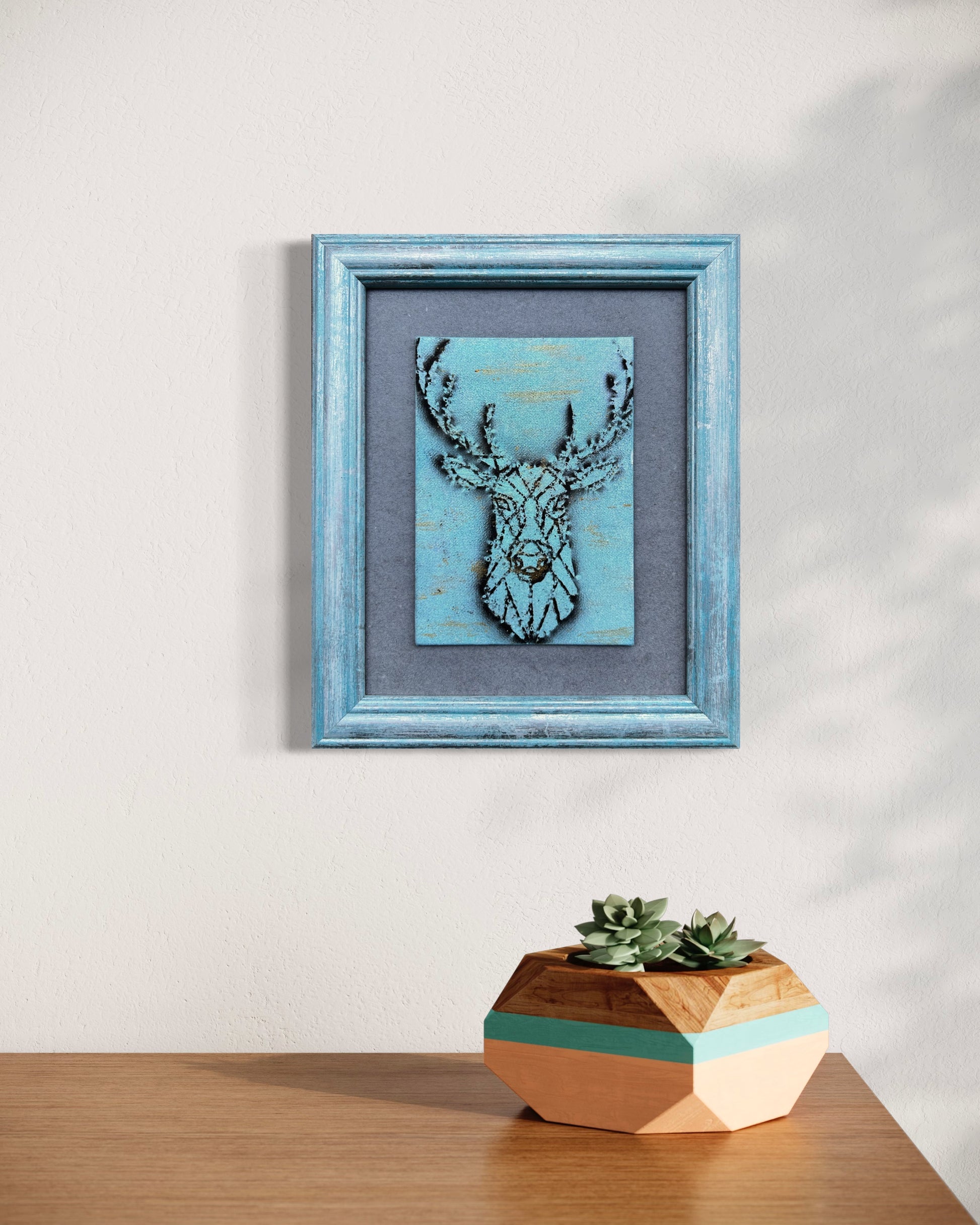 Minimalist Abstract Wall Decor, Original art, Deer Painting, Spirit of the Forest, Framed Artwork, Nature, New Age aesthetic, Stag, Gift for him, spiritual animal, geometric design, line art majesty and beauty, frame mat, black and blue, gold