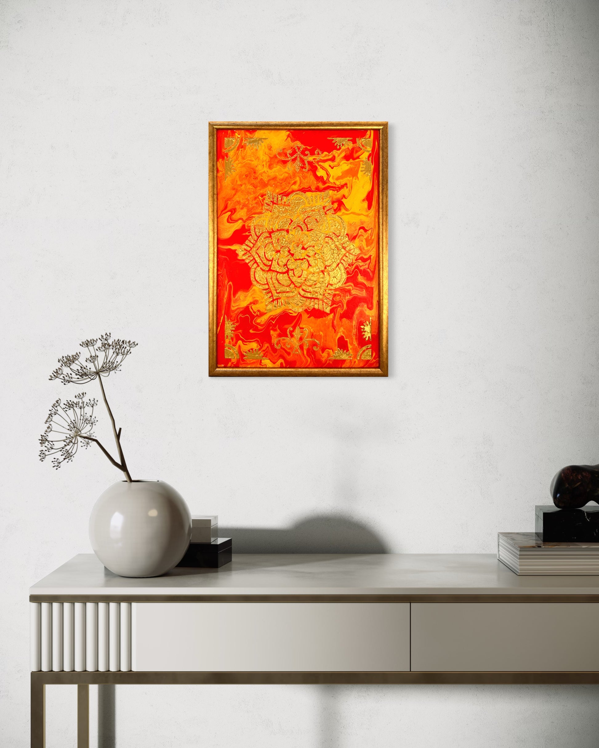 Framed Poured Acrylic Wall Art, Inner Fire, Mandala Painting, Original Artwork, Decor for Meditation Spaces, Unique Gift, Yoga Gifts for Women, Yoga Instructor, Yoga Lover, Mom, Yoga Accessories, Inspirational Art, Meditation Decor, Personal Growth