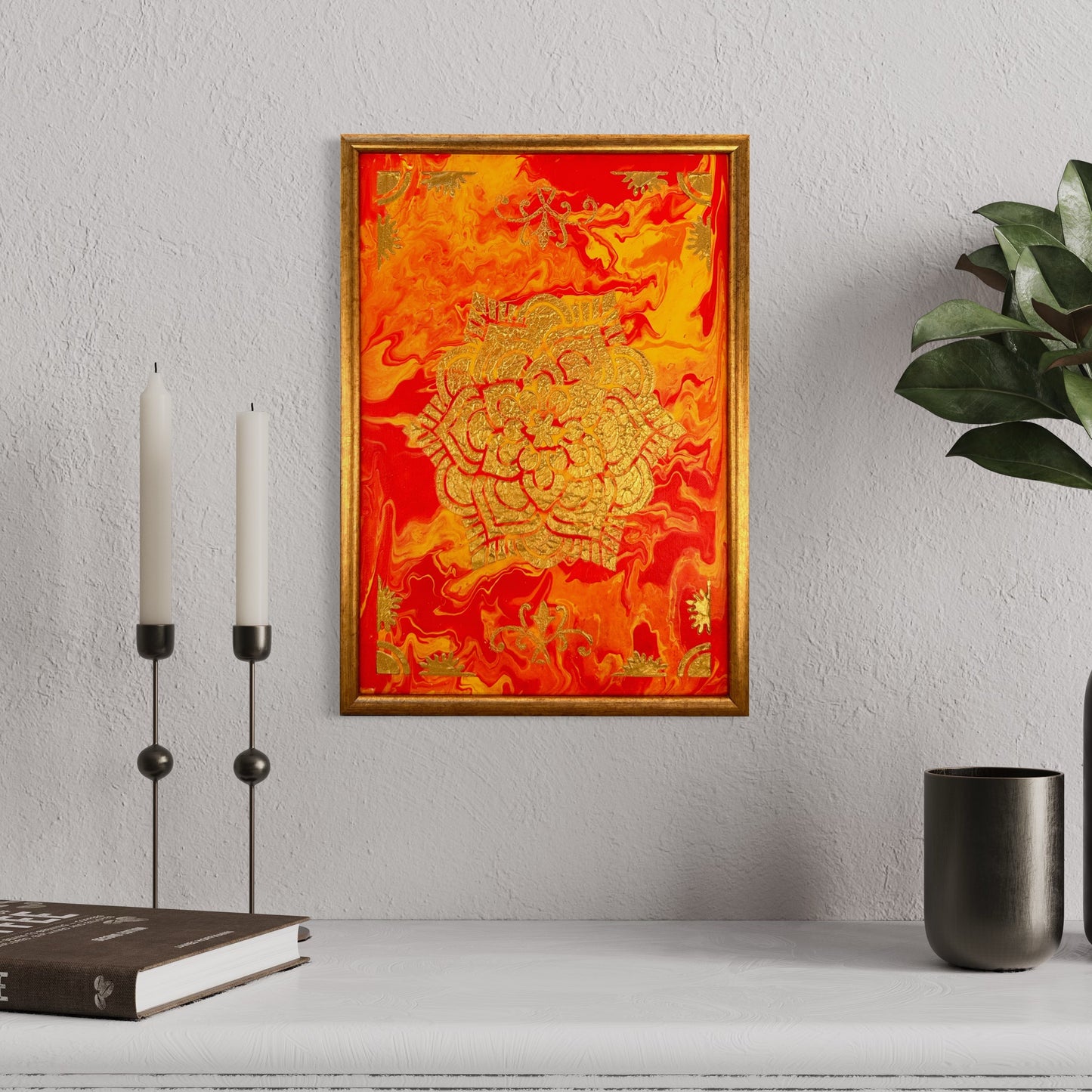 Framed Poured Acrylic Wall Art, Inner Fire, Mandala Painting, Original Artwork, Decor for Meditation Spaces, Unique Gift, Yoga Gifts for Women, Yoga Instructor, Yoga Lover, Mom, Yoga Accessories, Inspirational Art, Meditation Decor, Personal Growth