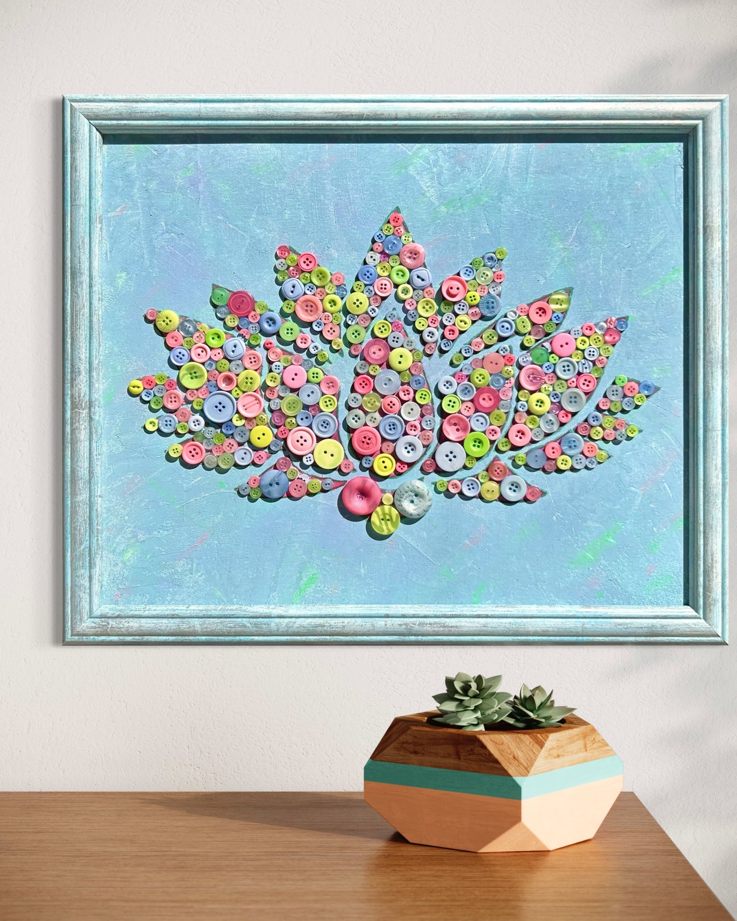 Lotus Flower painting, Mixed Media Painting, Button Art, Button mosaic, Acrylic painting, Wall Art, Relaxing Yoga Studio Decor, Peaceful Artwork, Ideal Gift for Yoga Instructor, Housewarming gifts, gift for a seamstress, gift for a fashion designer