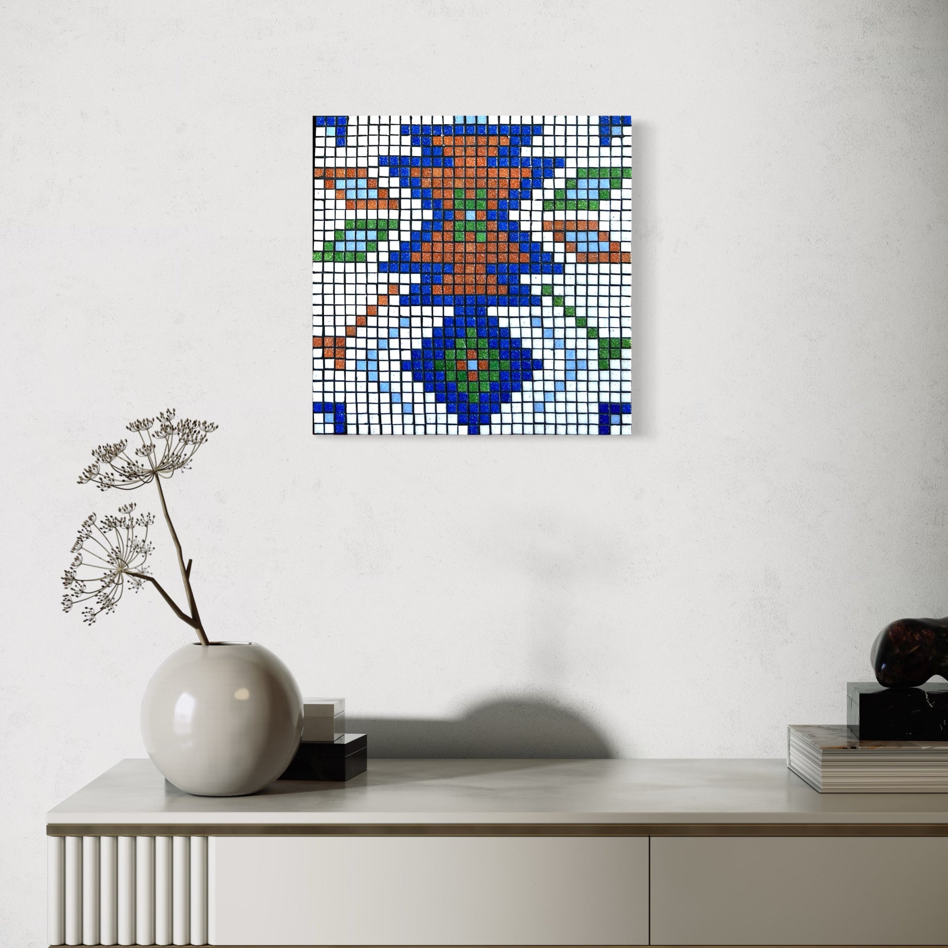 Handmade glass mosaic wall art with rustic Southwest style. Cultural and folk art inspired by Southwestern Native American, European, and Aztec designs. Ideal housewarming gift, home decor, and boho wall art. Mosaic art perfect for rustic home décor