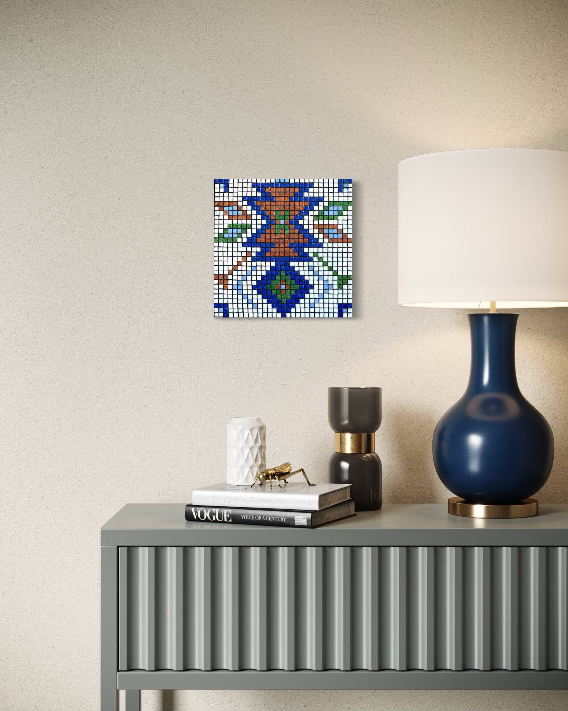 Handmade glass mosaic wall art with rustic Southwest style. Cultural and folk art inspired by Southwestern Native American, European, and Aztec designs. Ideal housewarming gift, home decor, and boho wall art. Mosaic art perfect for rustic home décor