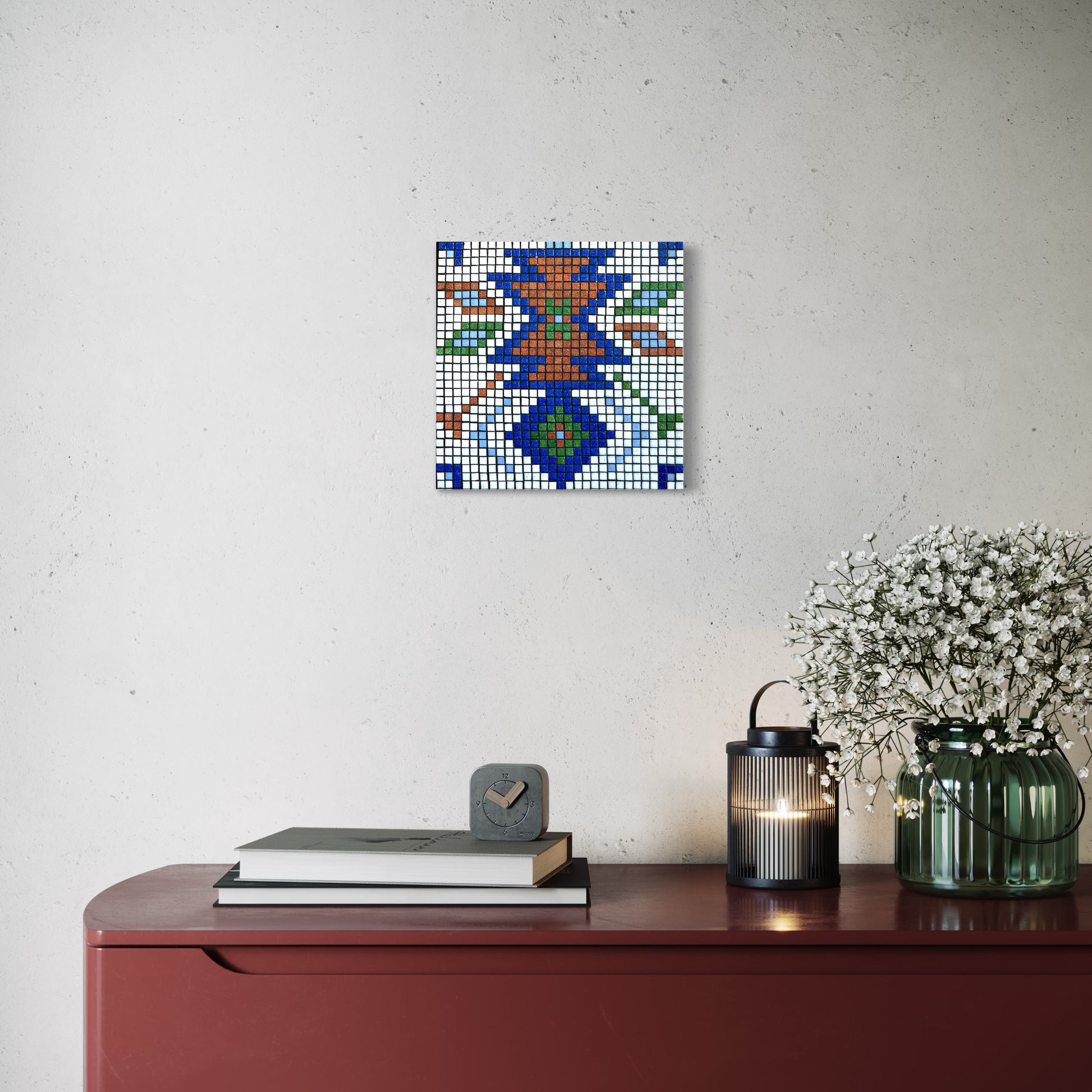 Handmade glass mosaic wall art with rustic Southwest style. Cultural and folk art inspired by Southwestern Native American, European, and Aztec designs. Ideal housewarming gift, home decor, and boho wall art. Mosaic art perfect for rustic home décor