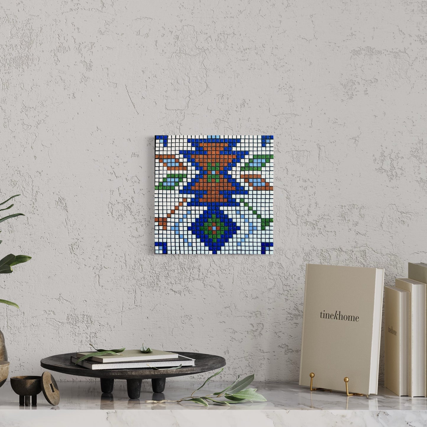 Handmade glass mosaic wall art with rustic Southwest style. Cultural and folk art inspired by Southwestern Native American, European, and Aztec designs. Ideal housewarming gift, home decor, and boho wall art. Mosaic art perfect for rustic home décor