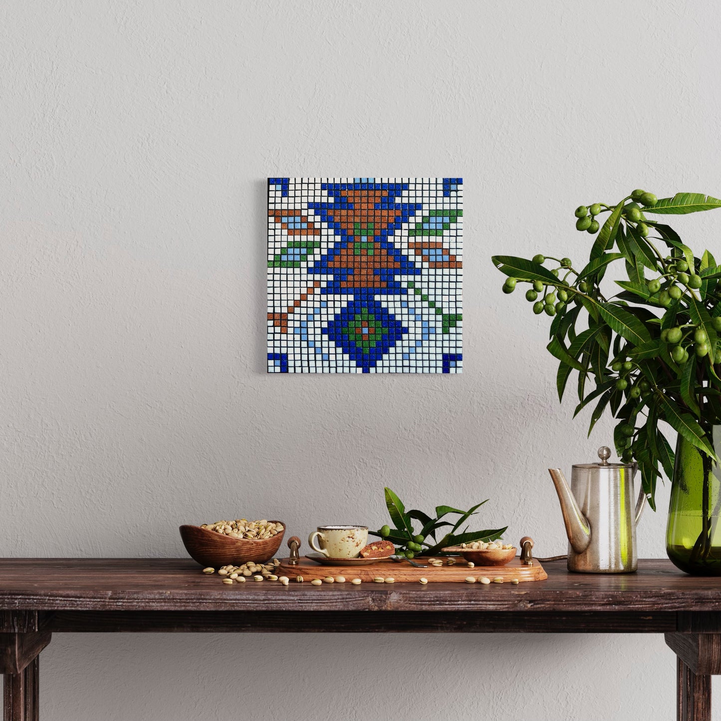 Exclusive handmade glass mosaic wall art, framed and ready for display. Featuring intricate patterns inspired by Southwestern Native American and European designs. Crafted on a lightweight, waterproof board with epoxy finish and certificate of authenticity.