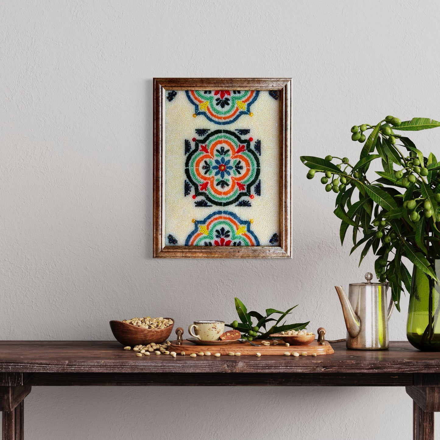 High-end bead mosaic artwork framed in wood, crafted with intricate glass beads and epoxy resin. Inspired by Southwestern Native American designs, this original piece is perfect for collectors seeking elegant, museum-quality art for investment.