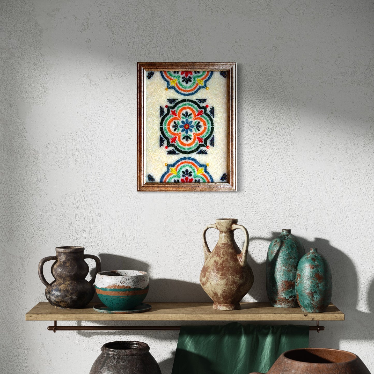 Handmade bead mosaic wall art with rustic Southwest style. Cultural and folk art inspired by Southwestern Native American, European, and Aztec designs. Ideal housewarming gift, home decor, and boho wall art. Mosaic art perfect for rustic home décor