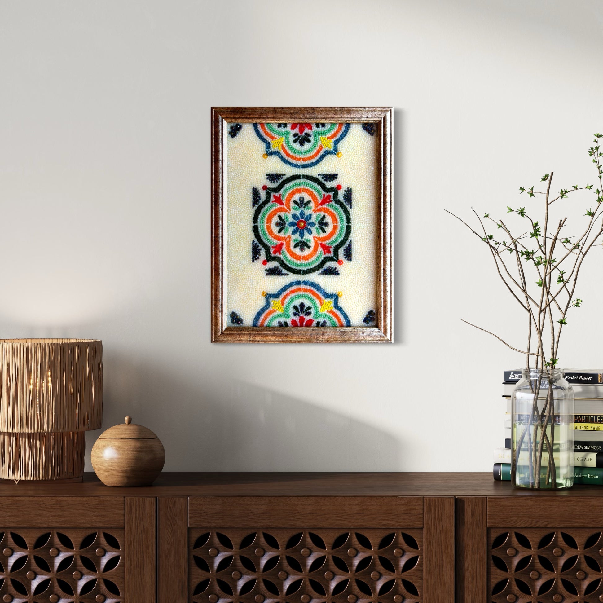 High-end bead mosaic artwork framed in wood, crafted with intricate glass beads and epoxy resin. Inspired by Southwestern Native American designs, this original piece is perfect for collectors seeking elegant, museum-quality art for investment.