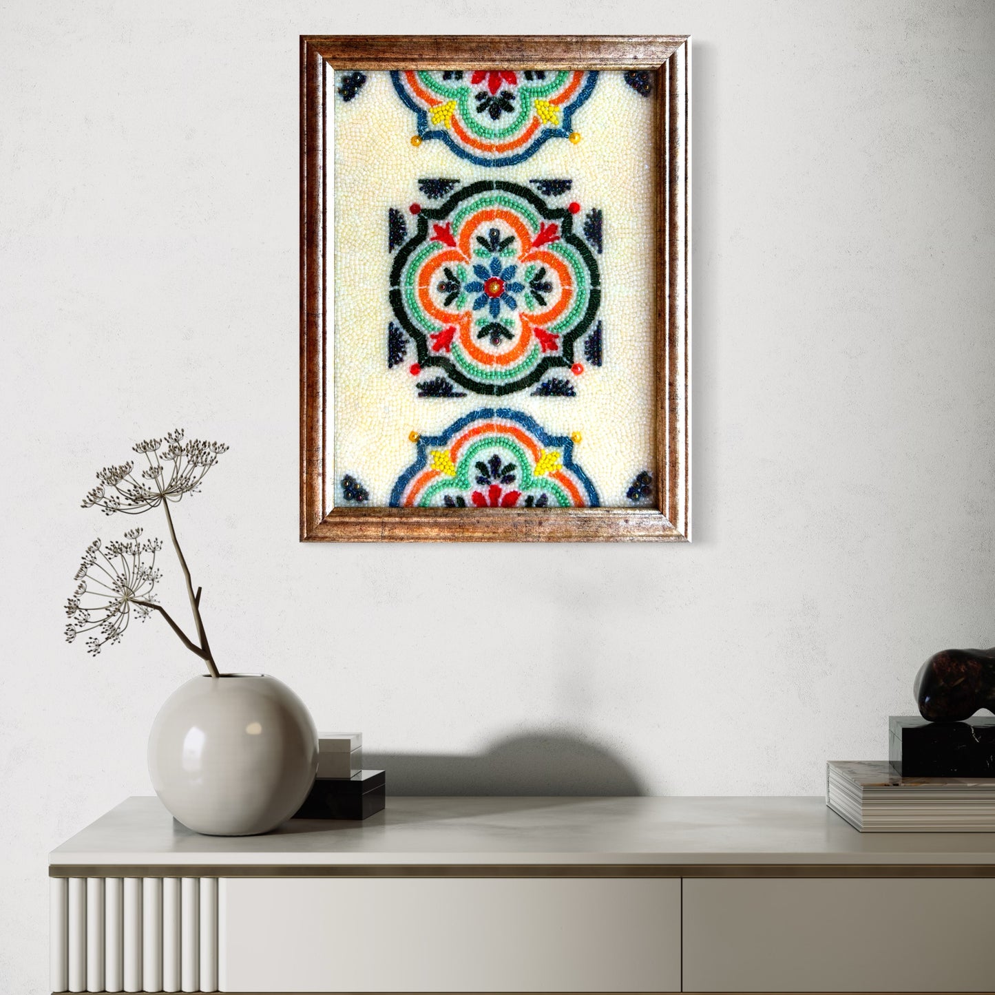 Handmade bead mosaic wall art with rustic Southwest style. Cultural and folk art inspired by Southwestern Native American, European, and Aztec designs. Ideal housewarming gift, home decor, and boho wall art. Mosaic art perfect for rustic home décor