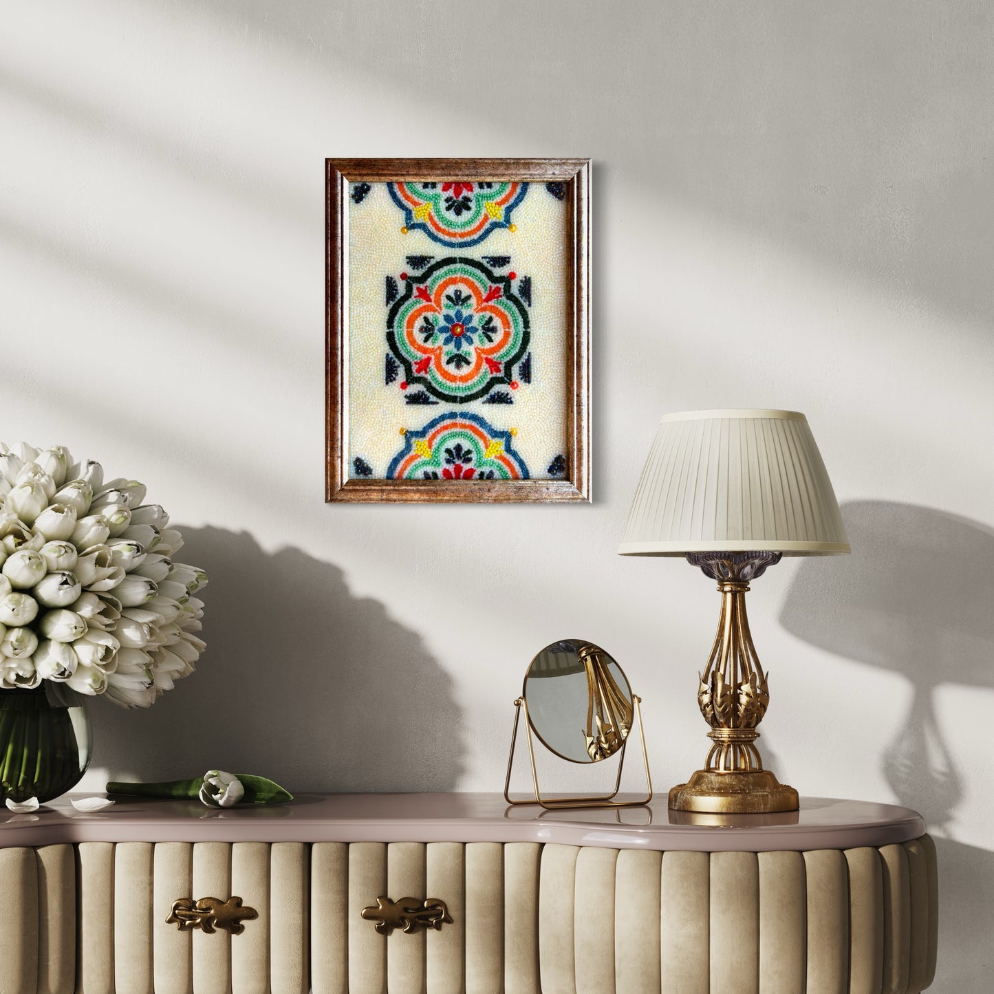 Handmade bead mosaic wall art with rustic Southwest style. Cultural and folk art inspired by Southwestern Native American, European, and Aztec designs. Ideal housewarming gift, home decor, and boho wall art. Mosaic art perfect for rustic home décor