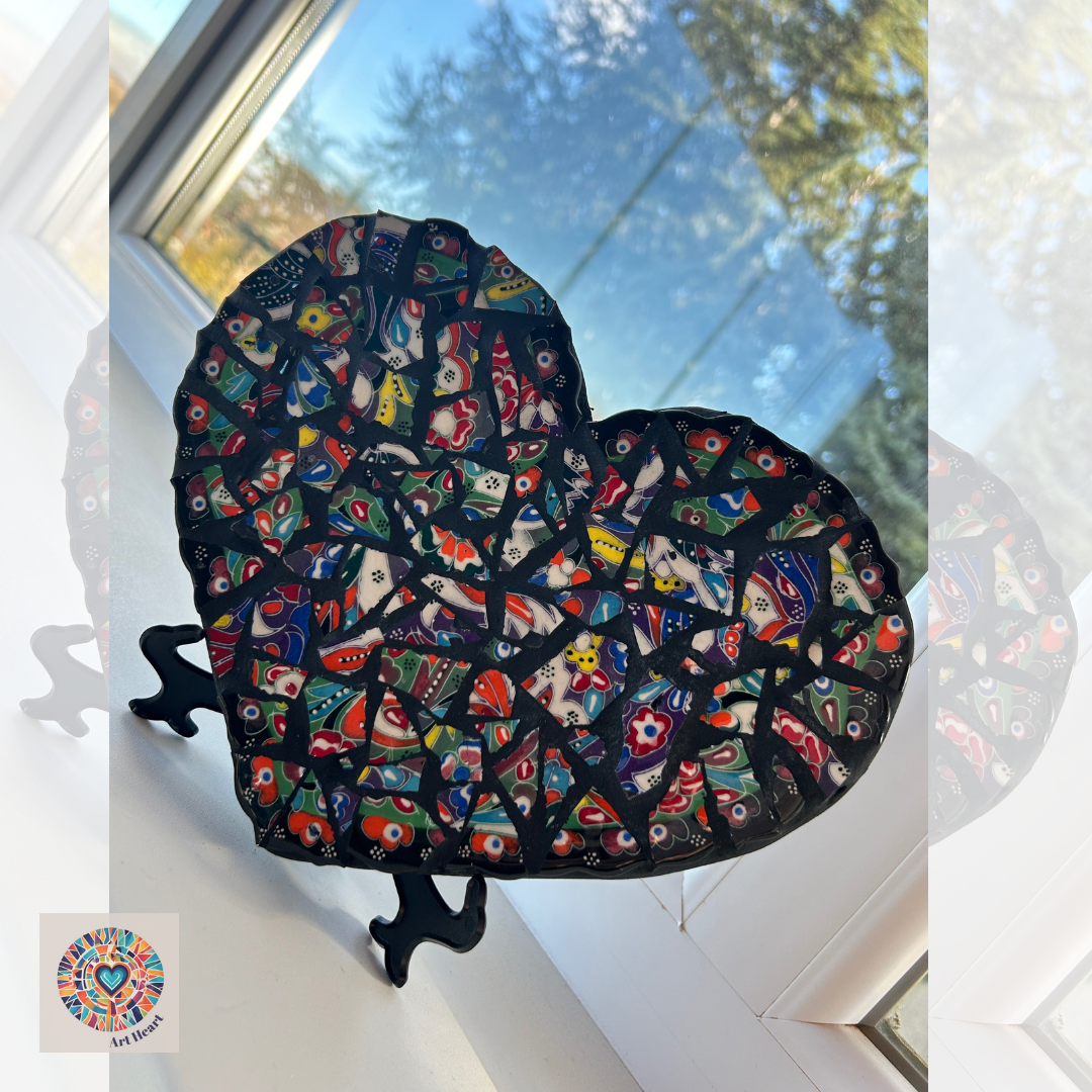 Handmade Heart Shaped Mosaic Art & Broken Heart, Colorful Plate Pieces, Unique Home Decor, Gift for Art Lovers, Plastic Easel Stand Included