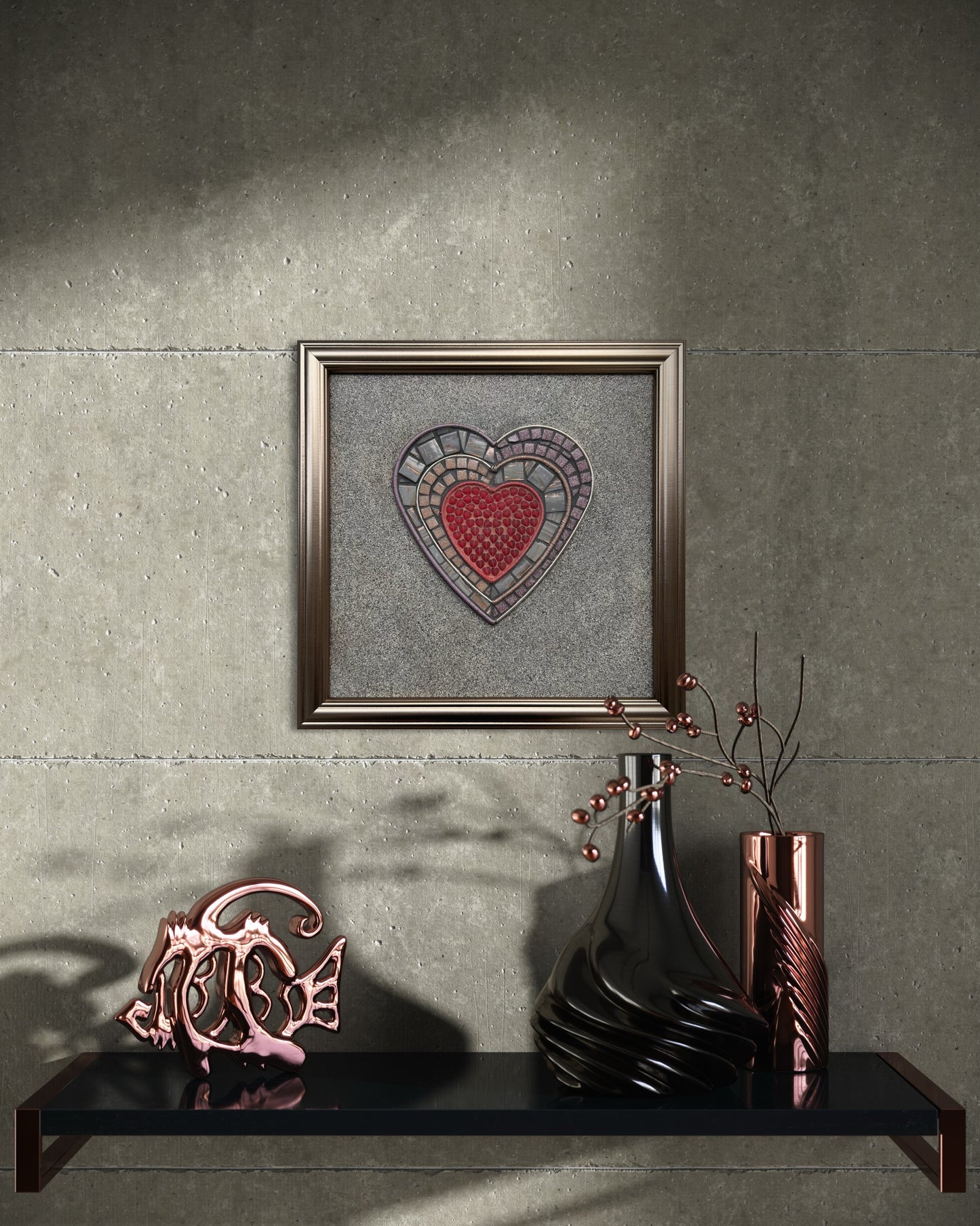 Handmade Mosaic Art,  "Walls" mosaic artwork, viewed from the front, featuring a red heart surrounded by layers of wire wrapped by hand and hand-cut mosaic tiles, framed in a wood frame on the grey wall