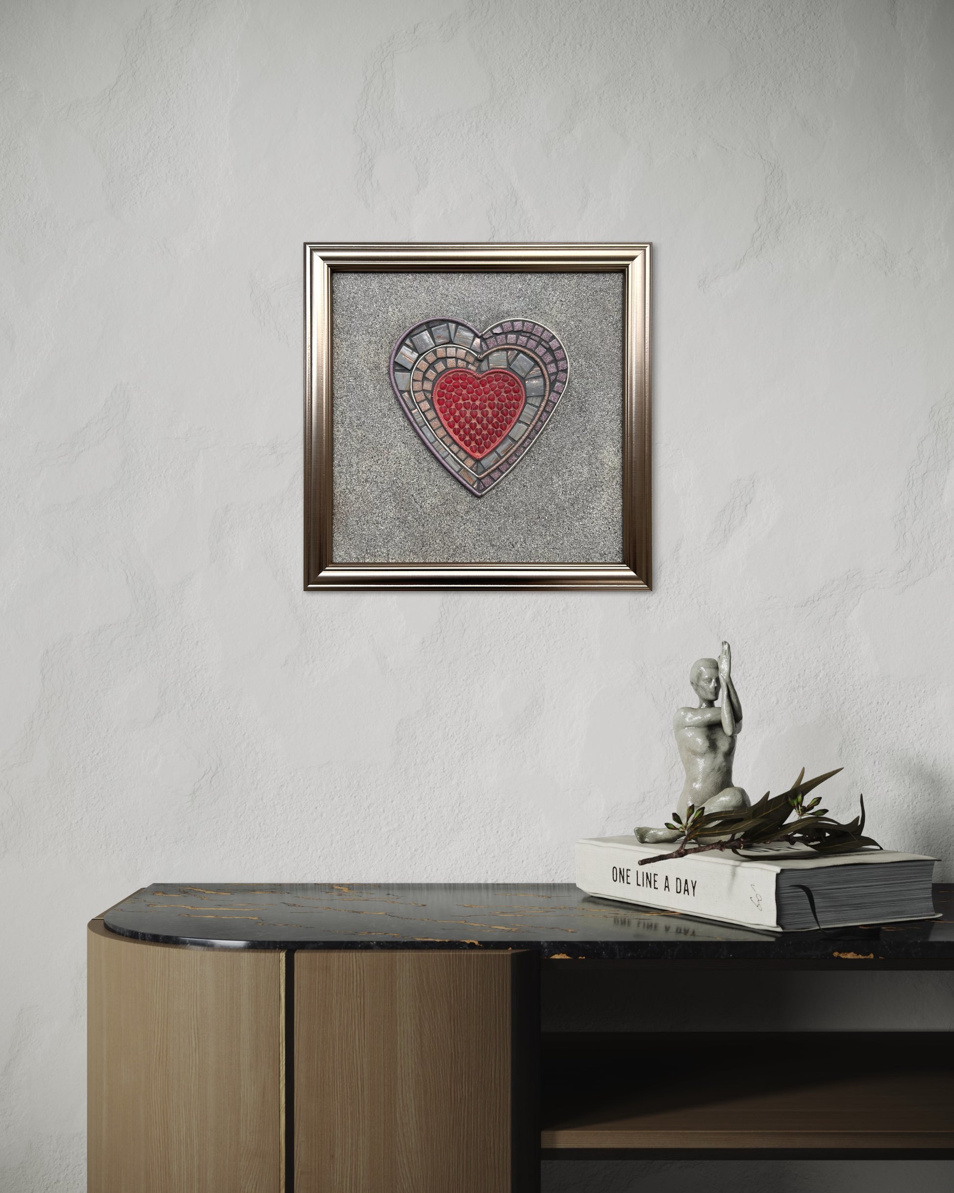 Handmade Mosaic Art,  "Walls" mosaic artwork, viewed from the front, featuring a red heart surrounded by layers of wire wrapped by hand and hand-cut mosaic tiles, framed in a wood frame.