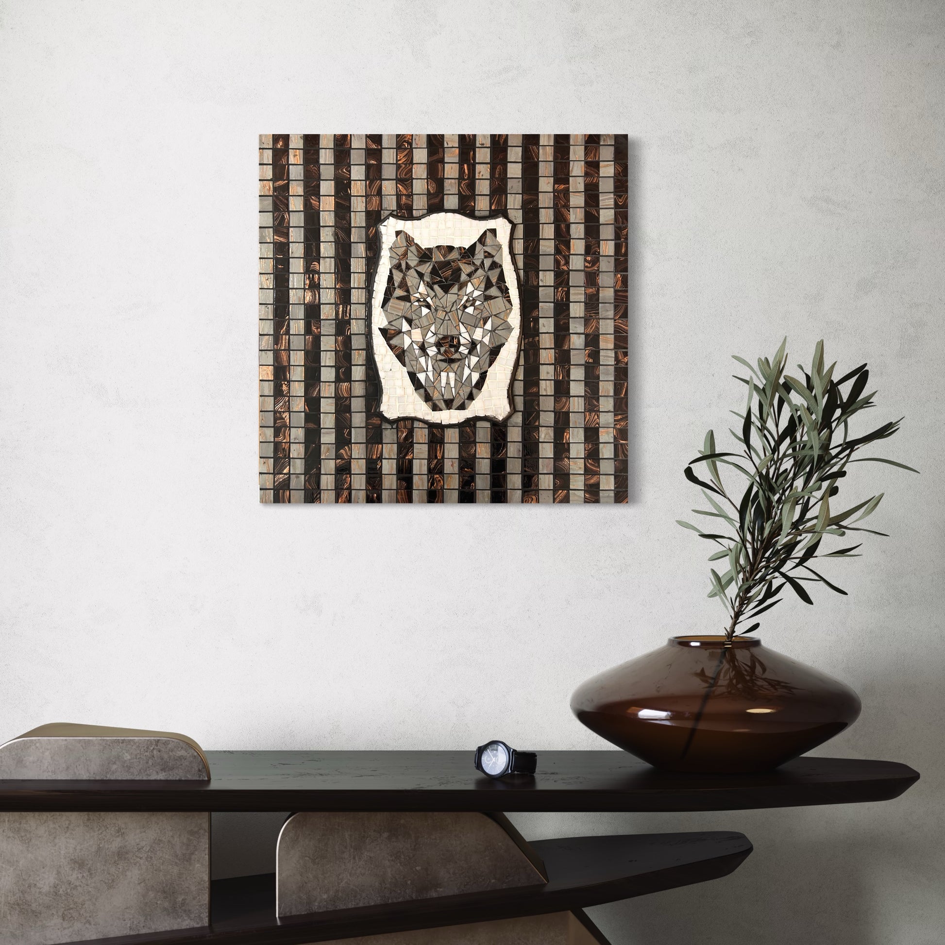 A bold mosaic celebrating the strength of the wolf