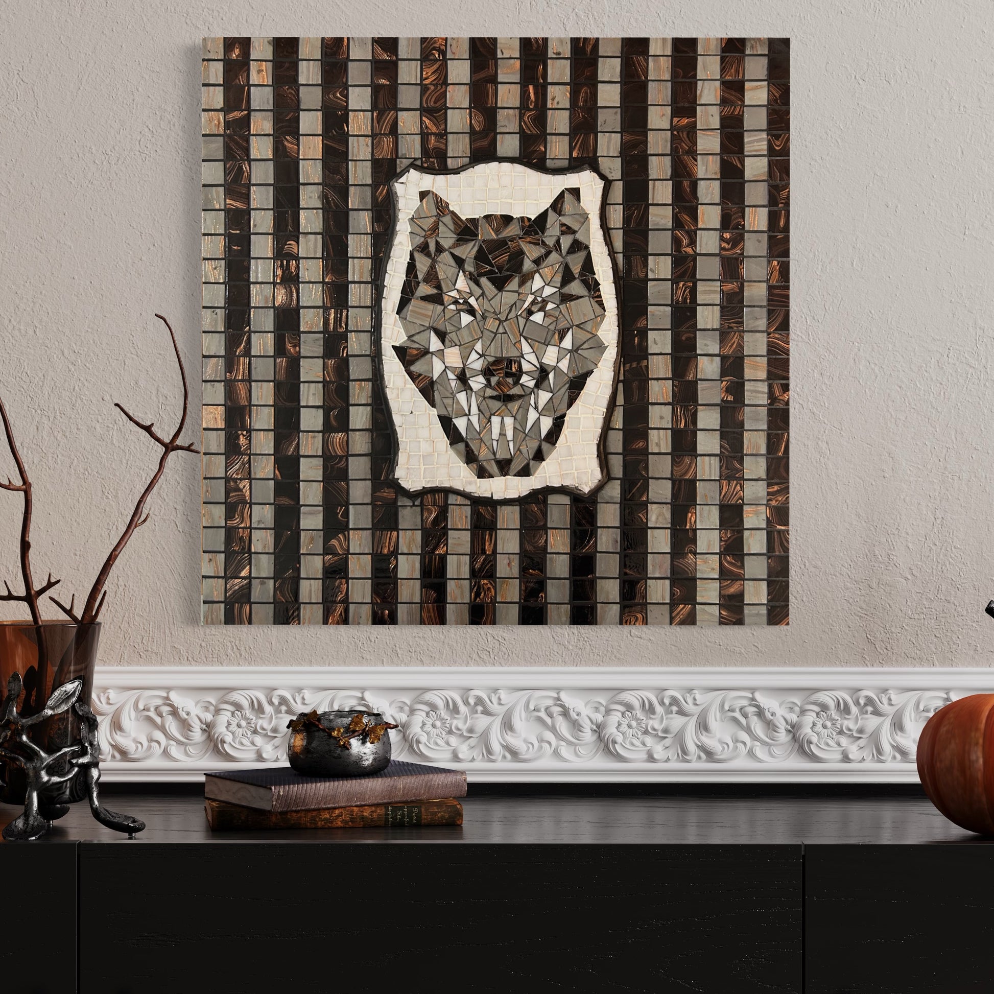 A bold mosaic celebrating the strength of the wolf