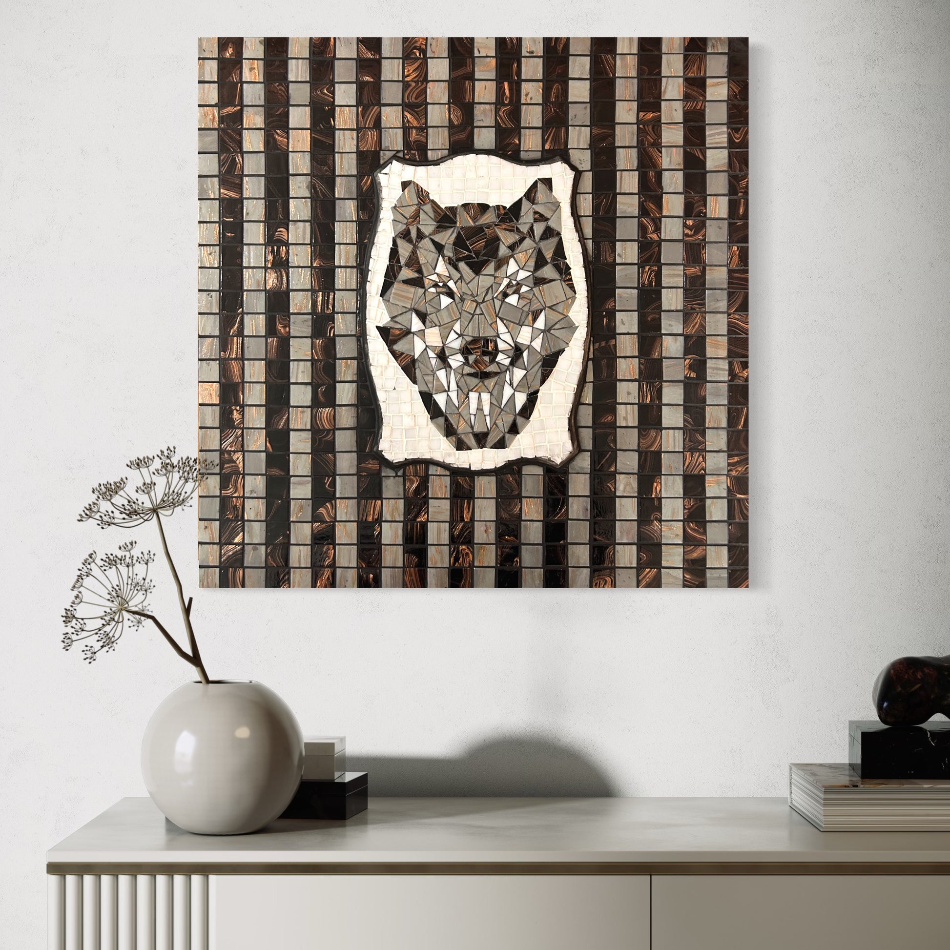 A bold mosaic celebrating the strength of the wolf