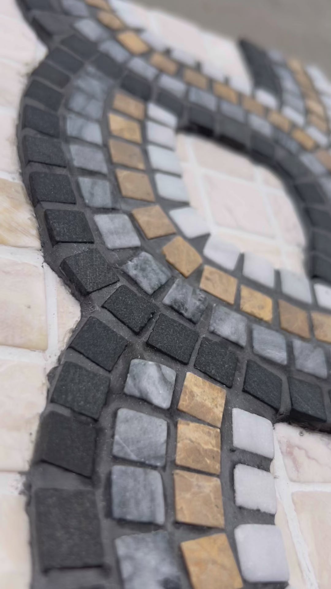 natural stone mosaic, continuous journey, unique wall art, earth tones, symbolic, endless, black and white, gold, brown, gray, outdoor art, timeless, classic, stylish, light and dark, new age aesthetics, modern artwork, wedding gift ideas, eternity