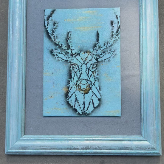 Minimalist Abstract Wall Decor, Original art, Deer Painting, Spirit of the Forest, Framed Artwork, Nature, New Age aesthetic, Stag, Gift for him, spiritual animal, geometric design, line art majesty and beauty, frame mat, black and blue, gold