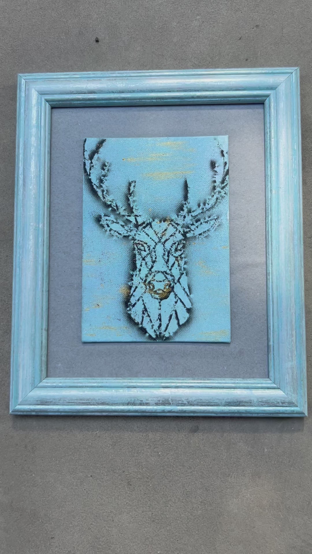 Minimalist Abstract Wall Decor, Original art, Deer Painting, Spirit of the Forest, Framed Artwork, Nature, New Age aesthetic, Stag, Gift for him, spiritual animal, geometric design, line art majesty and beauty, frame mat, black and blue, gold